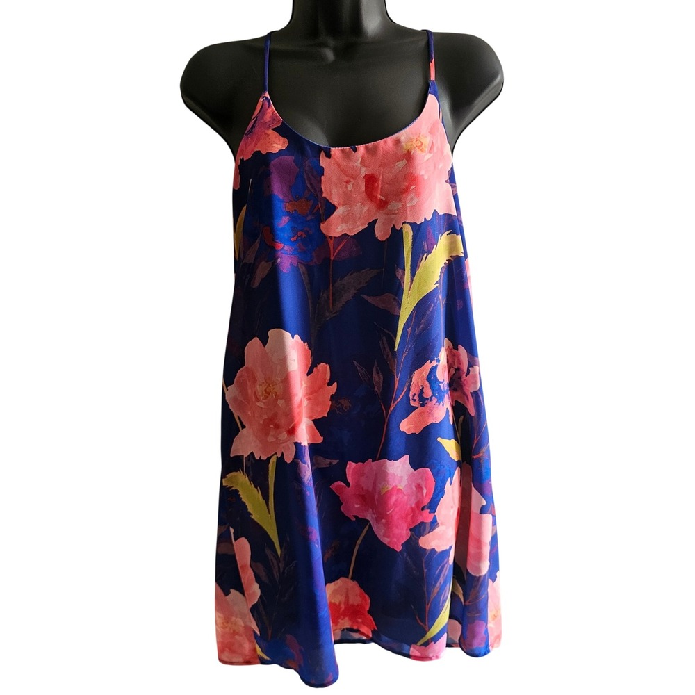 Everly Blue Pink Floral Mini Shift Dress Spaghetti Strap Racerback DR4054‎ Small - Picture 2 of 7